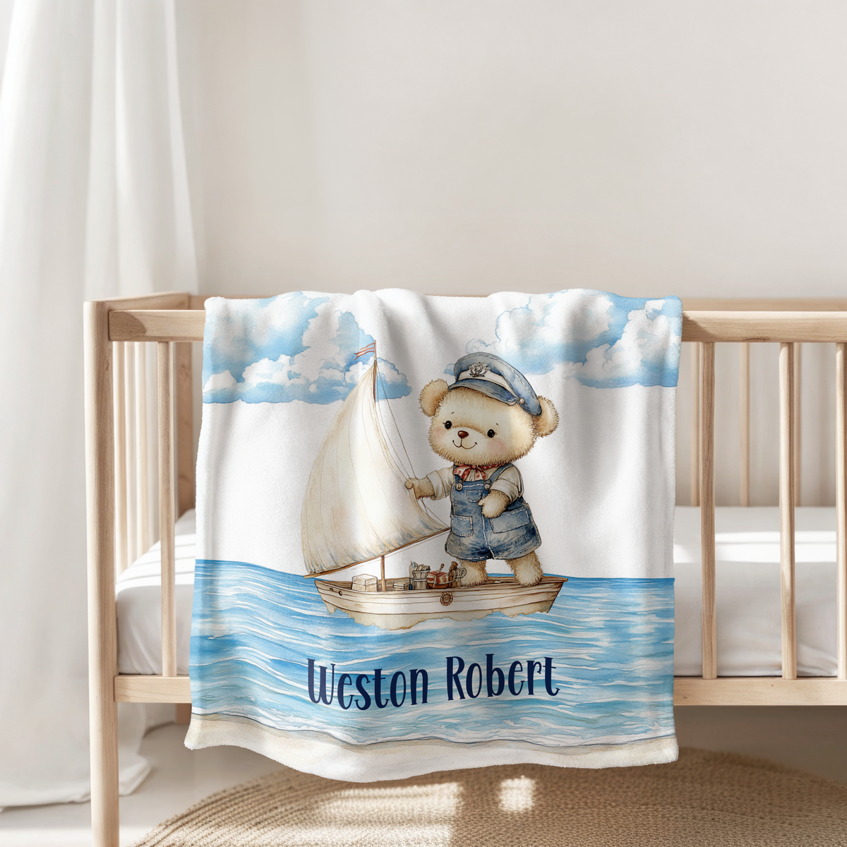 Custom Sailor Bear Baby Blanket, New Baby Gift, Baby Shower Gift, Gift For Boy, Teddy Bear Nursery Blanket, Nautical Toddler Blanket