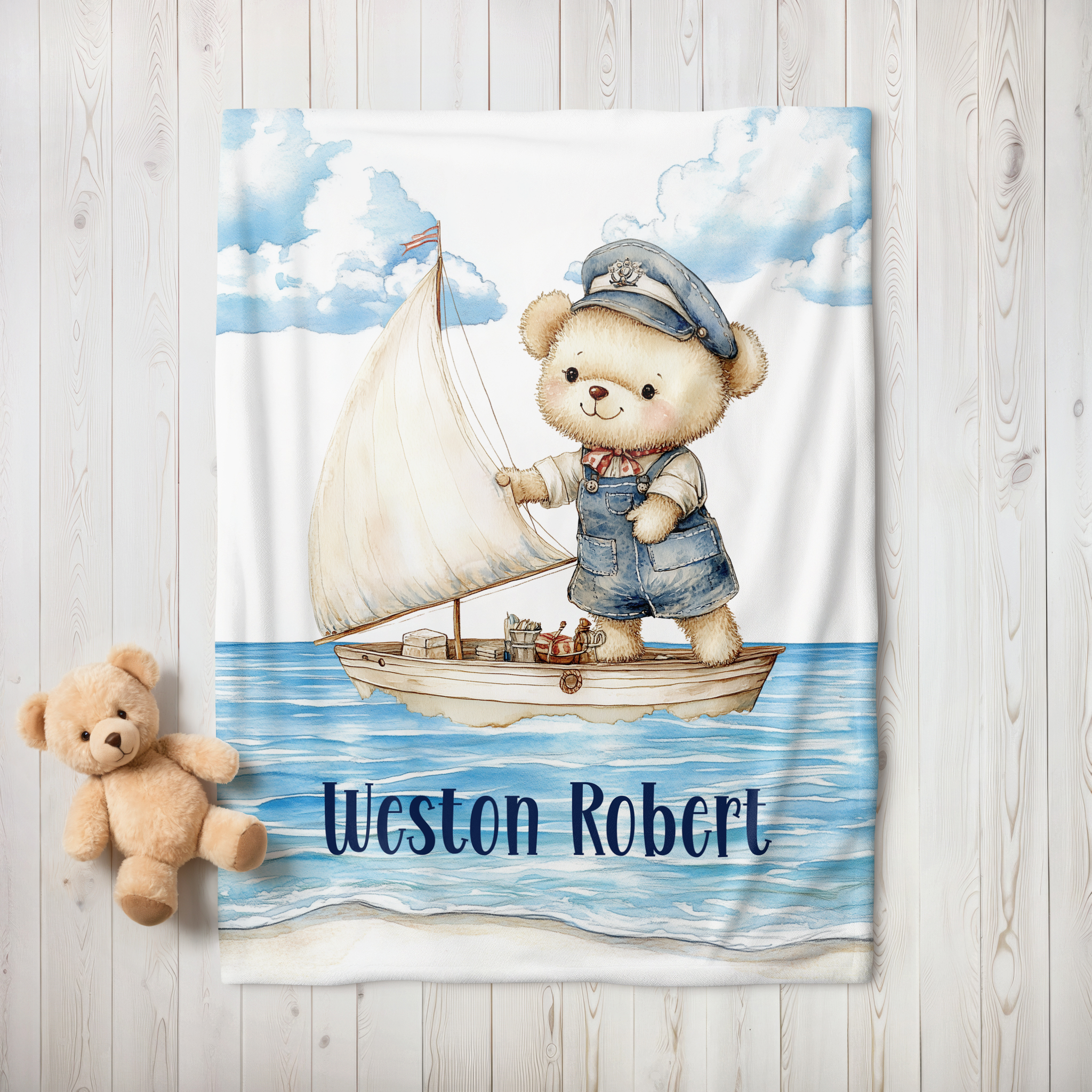 Custom Sailor Bear Baby Blanket, New Baby Gift, Baby Shower Gift, Gift For Boy, Teddy Bear Nursery Blanket, Nautical Toddler Blanket