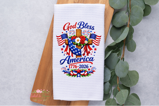 God Bless America Cross Tea Dish Kitchen Towel, Patriotic Hand Towel,4th of July Kitchen Decor, Hostess Housewarming Gift
