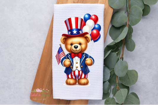Personalized Patriotic Bear Tea Dish Hand Kitchen Towel, Patriotic Kitchen Towel Decor Gift, Hostess Housewarming Gift, 4th of July Decor