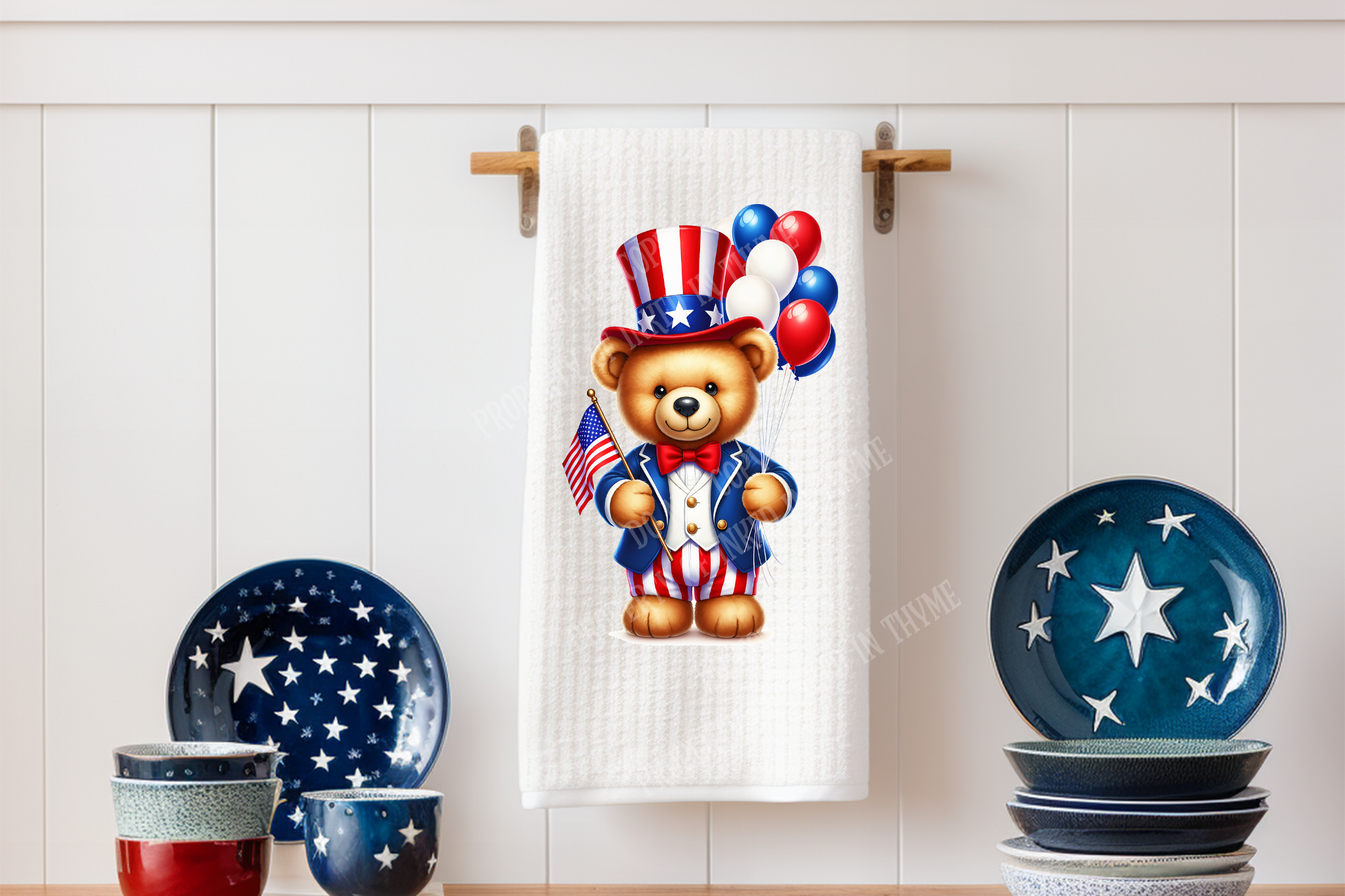 Personalized Patriotic Bear Tea Dish Hand Kitchen Towel, Patriotic Kitchen Towel Decor Gift, Hostess Housewarming Gift, 4th of July Decor
