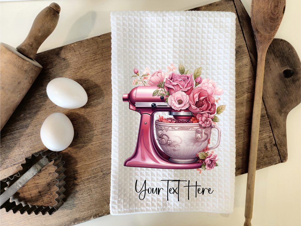 Personalized Pink Floral Mixer Kitchen Dish Towel, Hand Tea Towel, Custom Gift