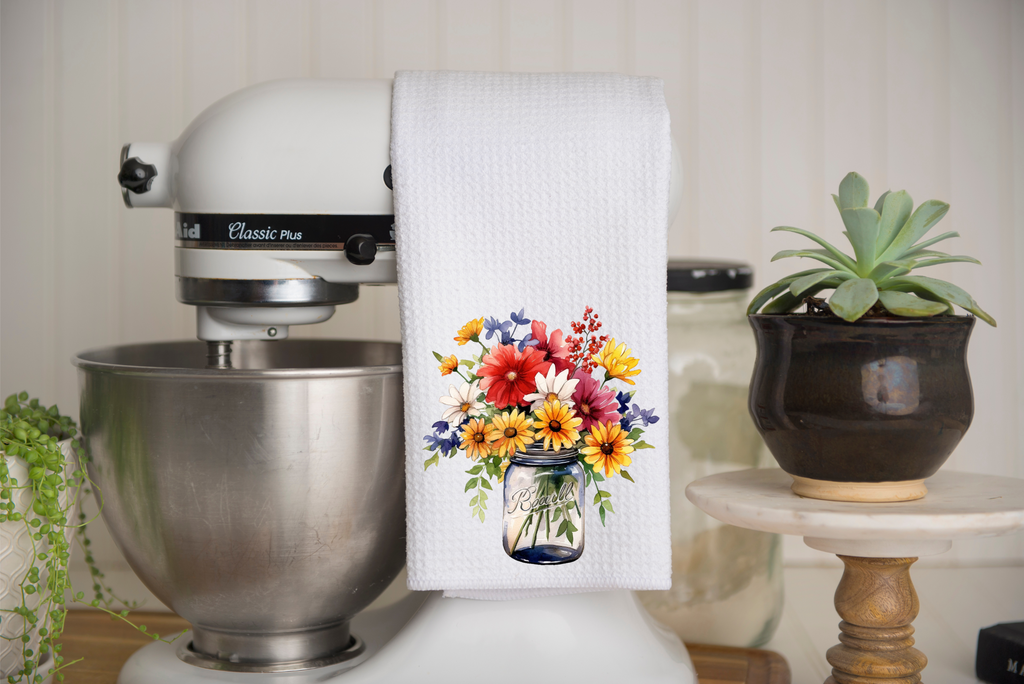 Personalized Wildflowers In A Jar Kitchen Dish Towel, Hand Tea Towel, Custom Gift