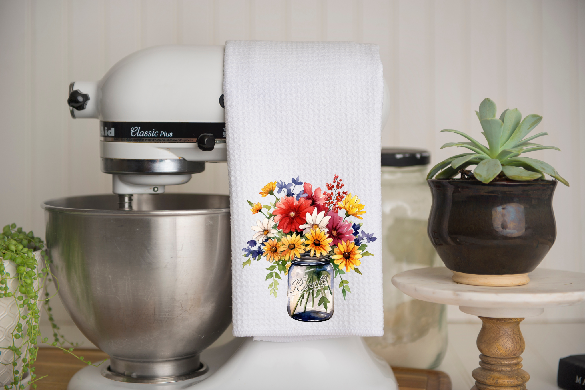 Personalized Wildflowers In A Jar Kitchen Dish Towel, Hand Tea Towel, Custom Gift