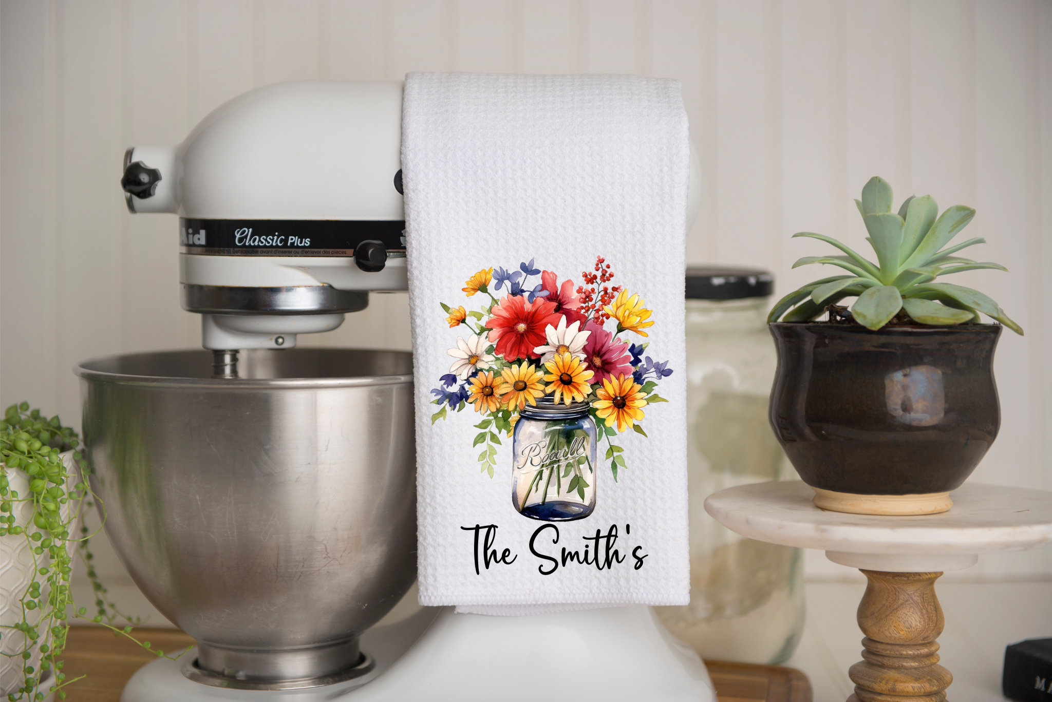 Personalized Wildflowers In A Jar Kitchen Dish Towel, Hand Tea Towel, Custom Gift