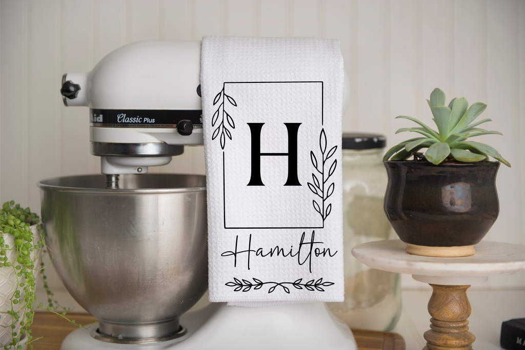 Personalized Monogram Square Frame Kitchen Dish Towel, Hand Tea Towel, Custom Gift