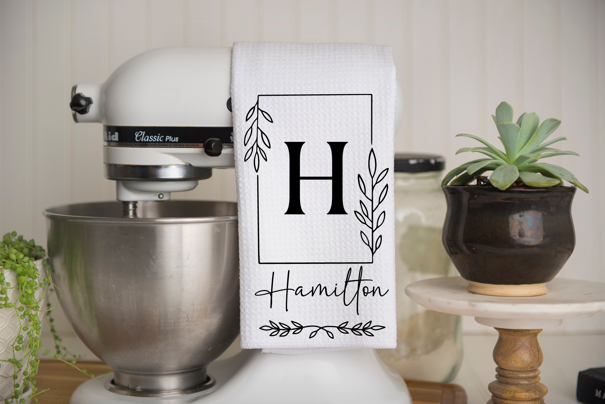 Personalized Monogram Square Frame Kitchen Dish Towel, Hand Tea Towel, Custom Gift