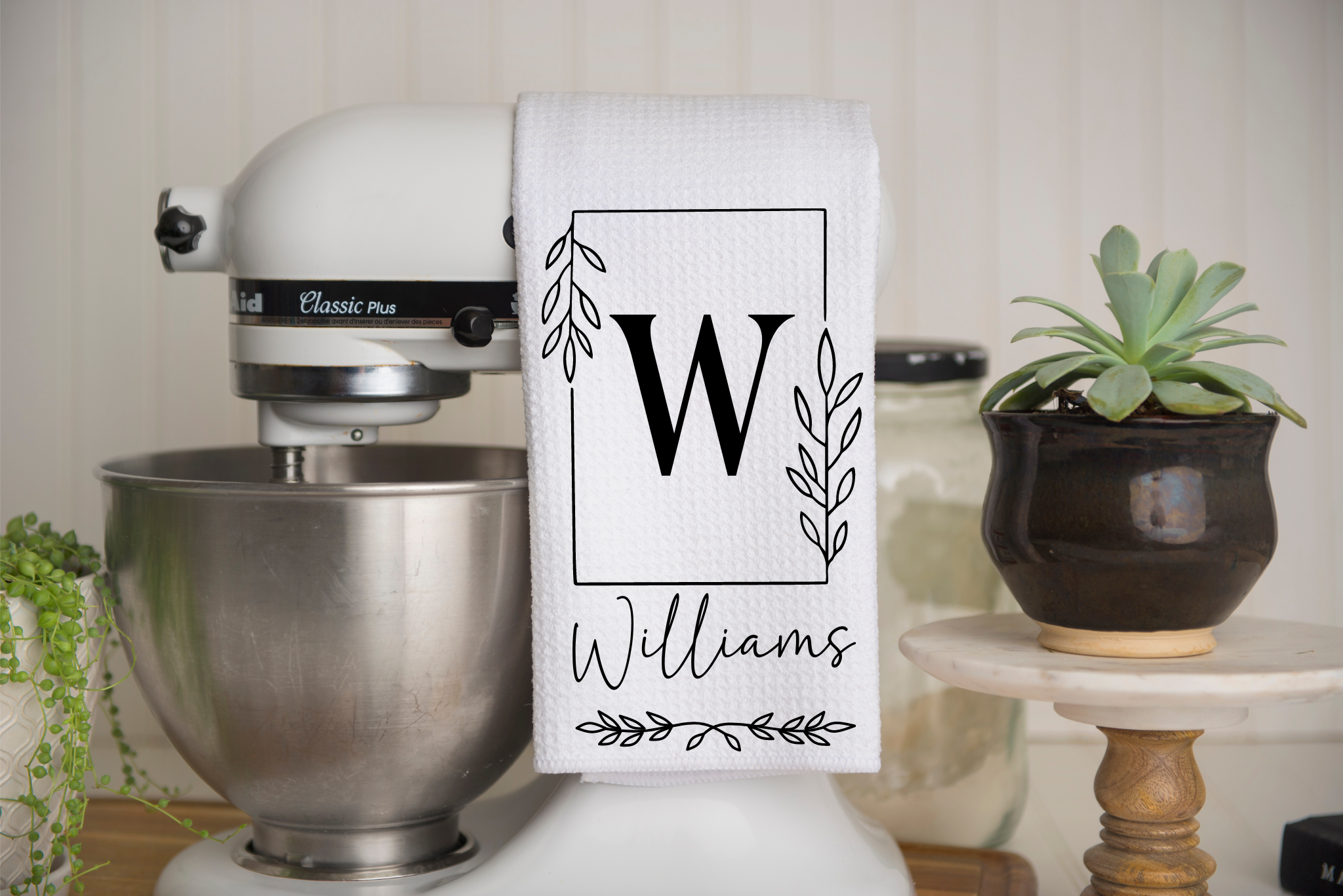 Personalized Monogram Square Frame Kitchen Dish Towel, Hand Tea Towel, Custom Gift