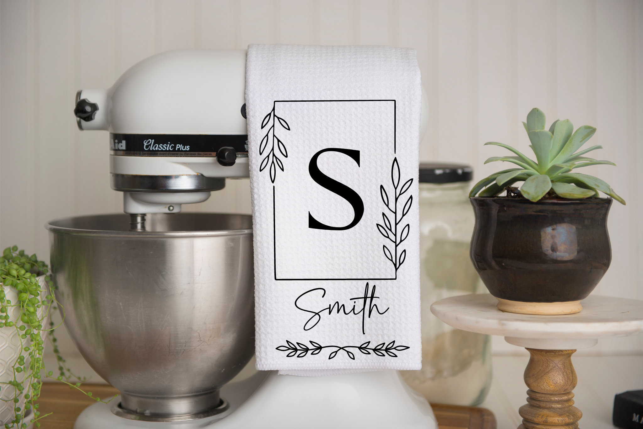 Personalized Monogram Square Frame Kitchen Dish Towel, Hand Tea Towel, Custom Gift