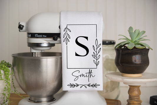 Personalized Monogram Square Frame Kitchen Dish Towel, Hand Tea Towel, Custom Gift