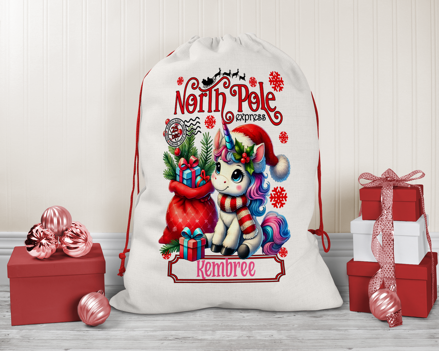 Personalized Kids Unicorn Santa Sack, Present Bag, Christmas Gift Sack, Gift Bag For Girl, Christmas Decor, Large Gift Bag, Canvas Bag