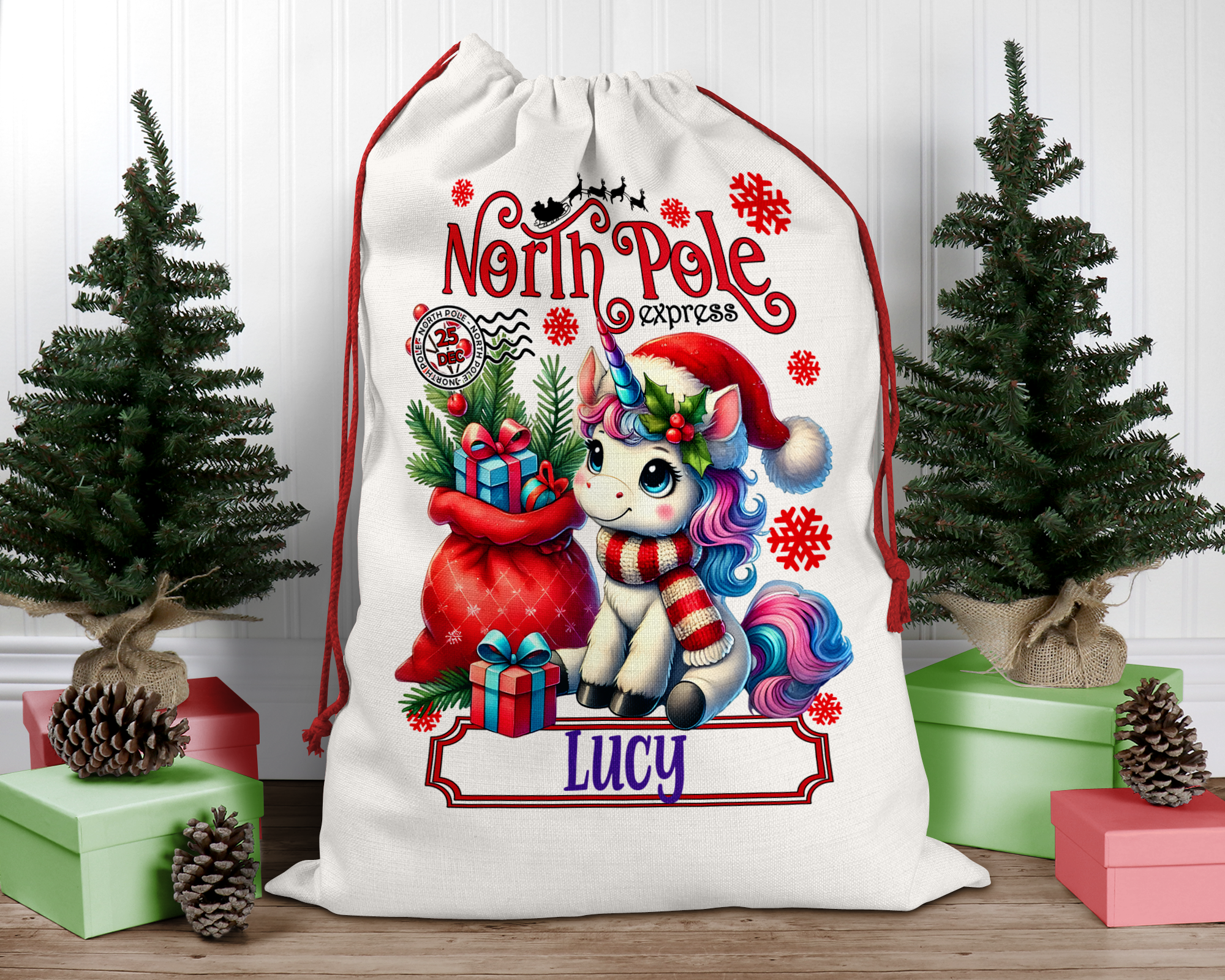Personalized Kids Unicorn Santa Sack, Present Bag, Christmas Gift Sack, Gift Bag For Girl, Christmas Decor, Large Gift Bag, Canvas Bag
