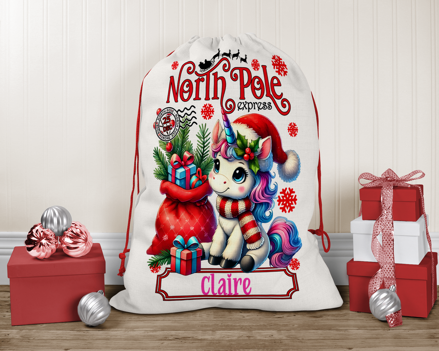 Personalized Kids Unicorn Santa Sack, Present Bag, Christmas Gift Sack, Gift Bag For Girl, Christmas Decor, Large Gift Bag, Canvas Bag
