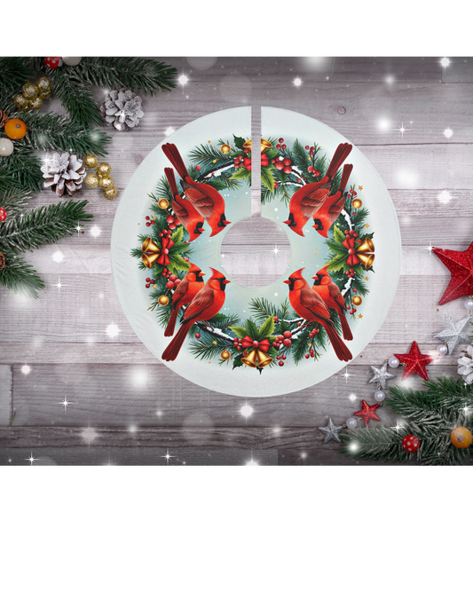 Cardinals and Christmas Bells Christmas Tree Skirt, Round Tree Skirt, Christmas Tree Decor