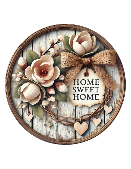 Home Sweet Home Magnolia Wreath Sign, round wreath sign, Sign for wreath, door hanger, door decor, Spring Wreath Attachment