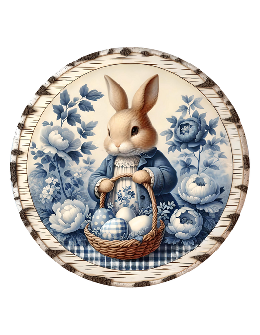 Blue Bunny Chinoiserie Wreath Sign, round wreath sign, Sign for wreath, door hanger, door decor,Spring sign, Easter Wreath Attachment