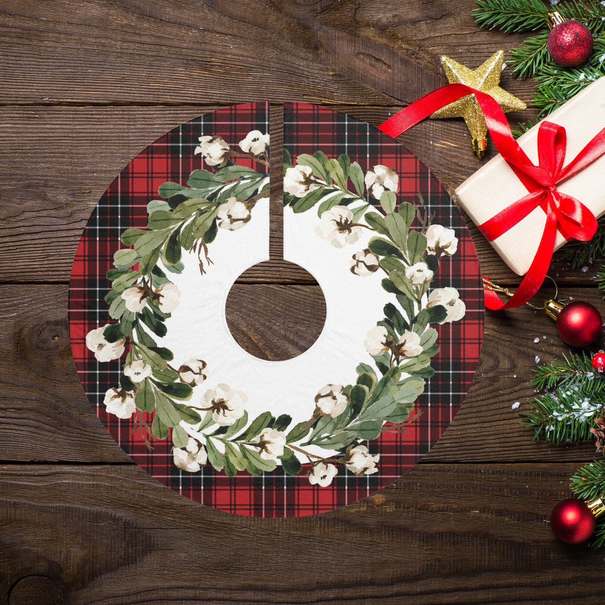 Plaid & Cotton Blossom Christmas Tree Skirt, Round Tree Skirt, Christmas Decor, Christmas Gift