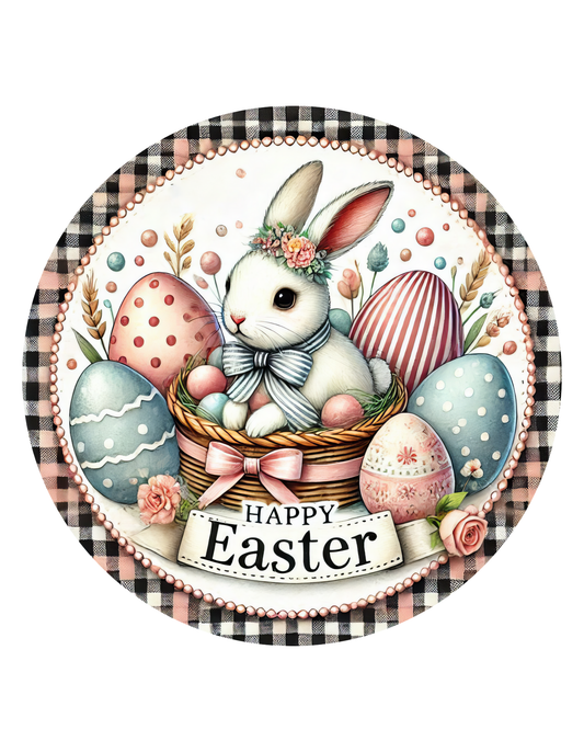 Pink & Black Happy Easter Eggs and Bunny Wreath Sign, Round Wreath Attachment, Sign for wreath, Easter Wreath Center, Spring Wreath Sign