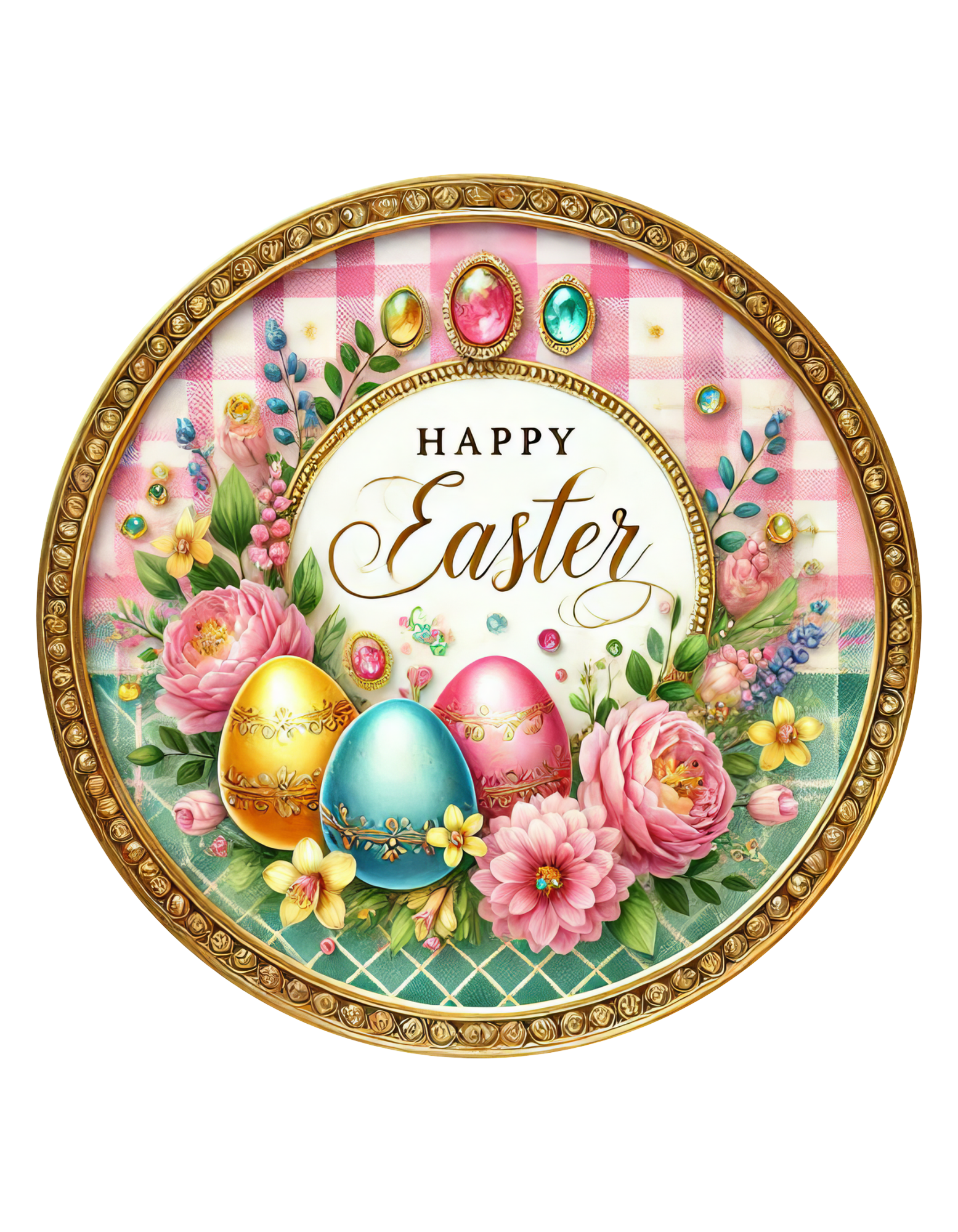 Pink & Gold Happy Easter Eggs Wreath Sign, Pastel Round Wreath Attachment, Sign for wreath, Easter Wreath Center, Spring Wreath Sign