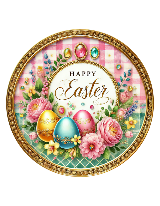 Pink & Gold Happy Easter Eggs Wreath Sign, Pastel Round Wreath Attachment, Sign for wreath, Easter Wreath Center, Spring Wreath Sign