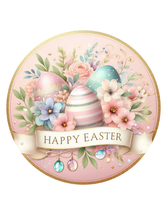 Pink Happy Easter Eggs Wreath Sign, Pastel Round Wreath Attachment, Sign for wreath, Easter Wreath Center, Spring Wreath Sign