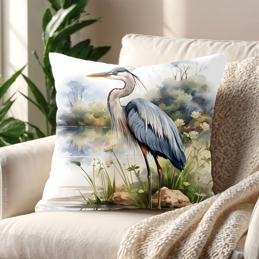 Blue Heron Double Sided Square Pillow or Pillow Cover ,Heron Throw Pillow, Bird Lover Bedroom Living Room Coastal Decor, Housewarming Gift
