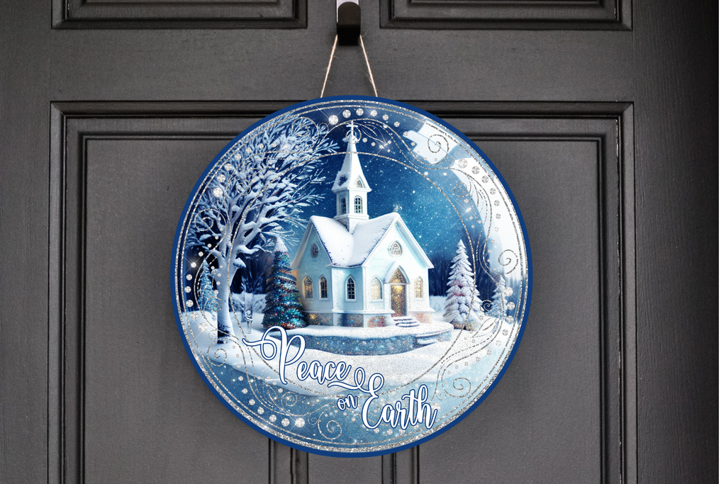 Peace On Earth with church  Wreath Sign