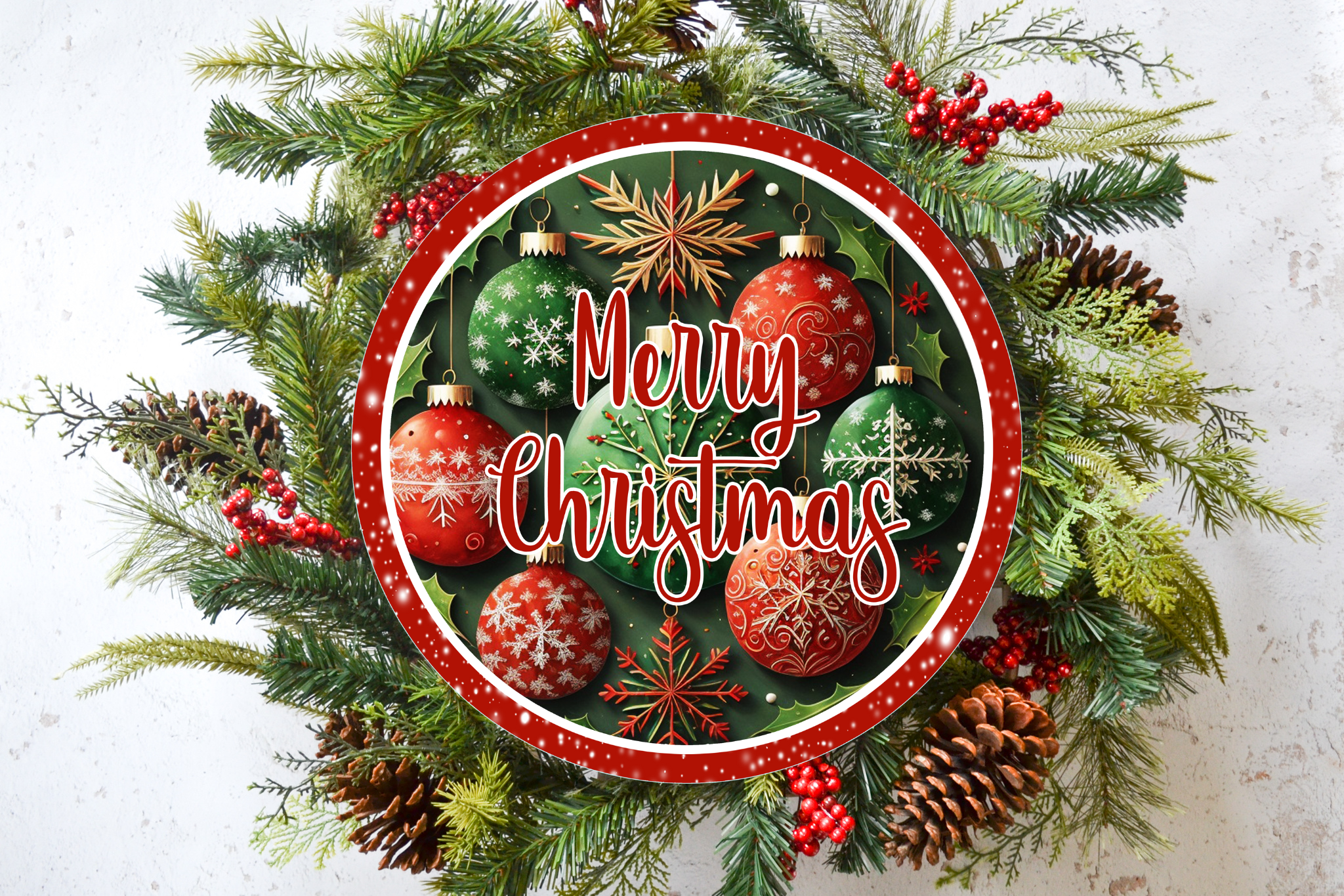 Merry Christmas Red/Green Ornaments Wreath Sign