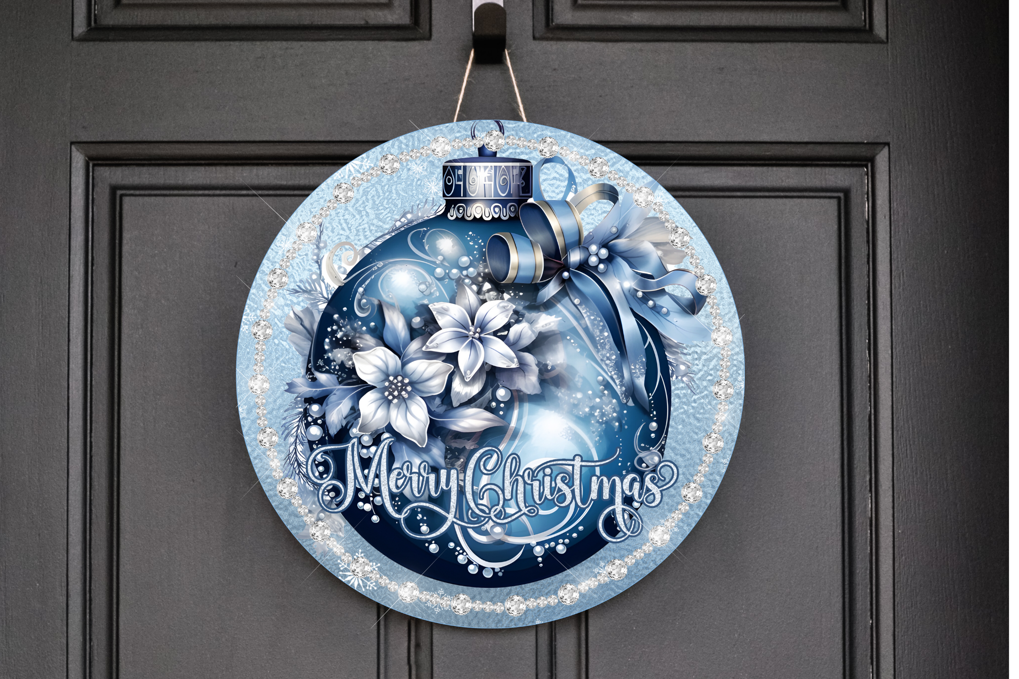 Merry Christmas Blue Ornament Wreath Sign