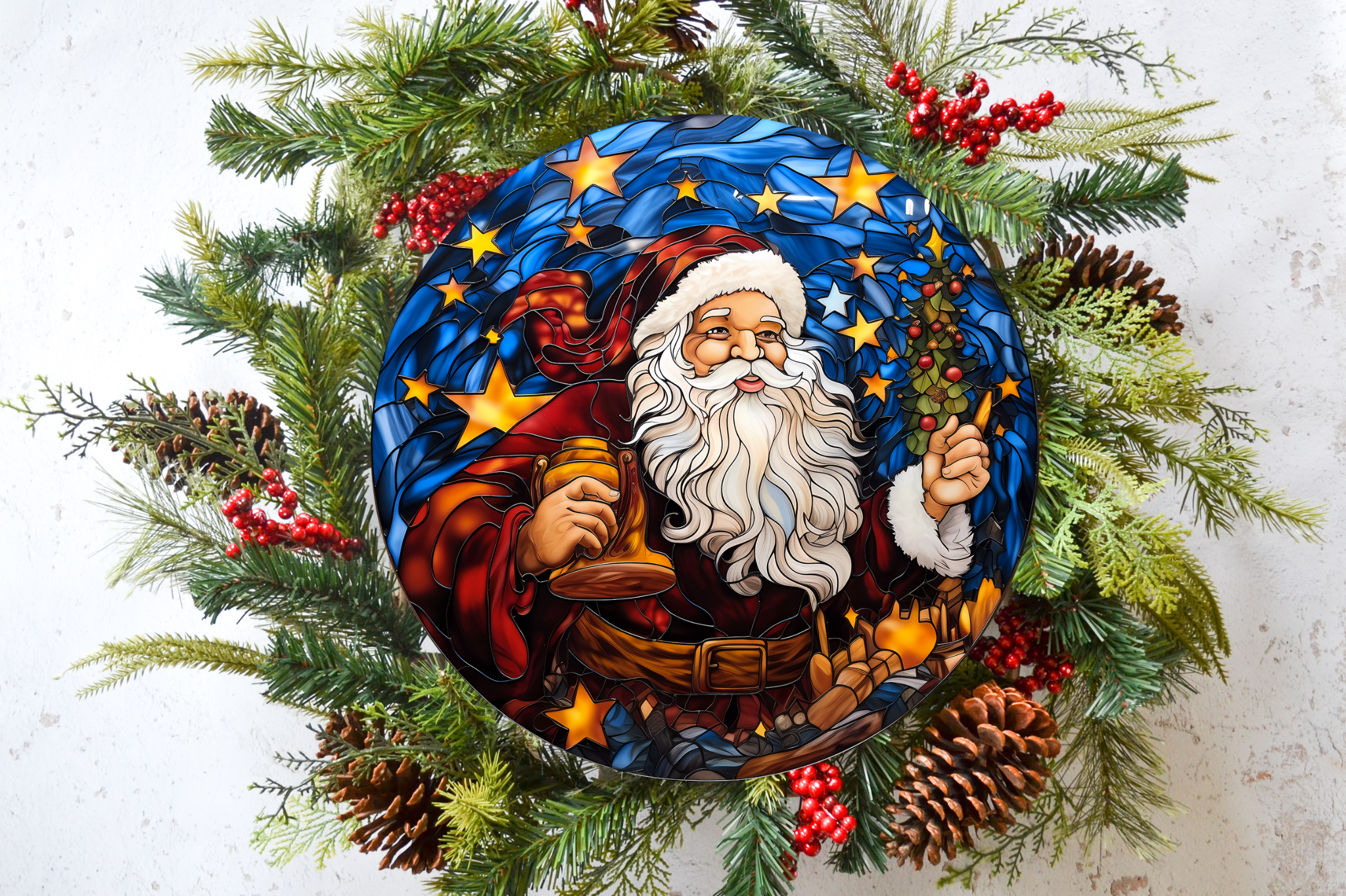Stained Glass Santa Wreath Sign