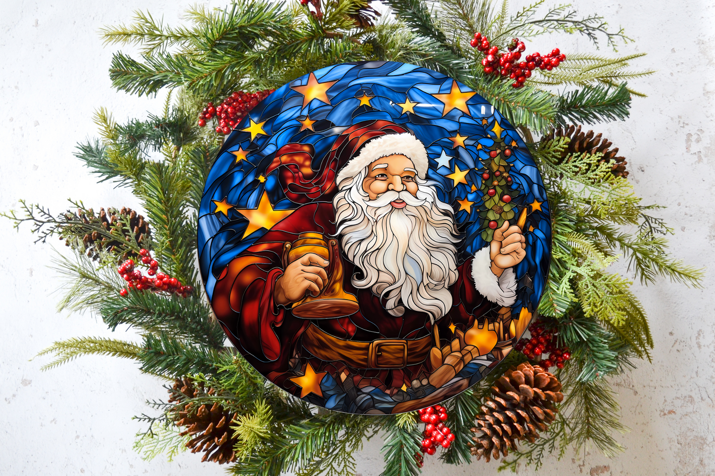 Stained Glass Santa Wreath Sign