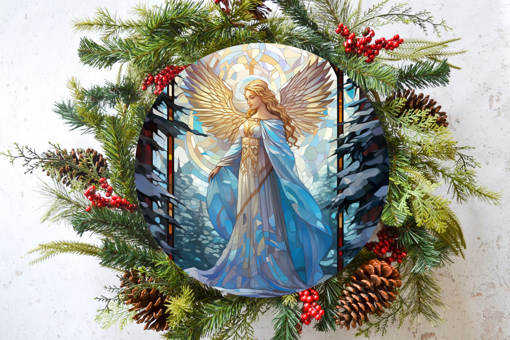 Stained Glass Angel Wreath Sign, Round Metal Sign, Door Hanger