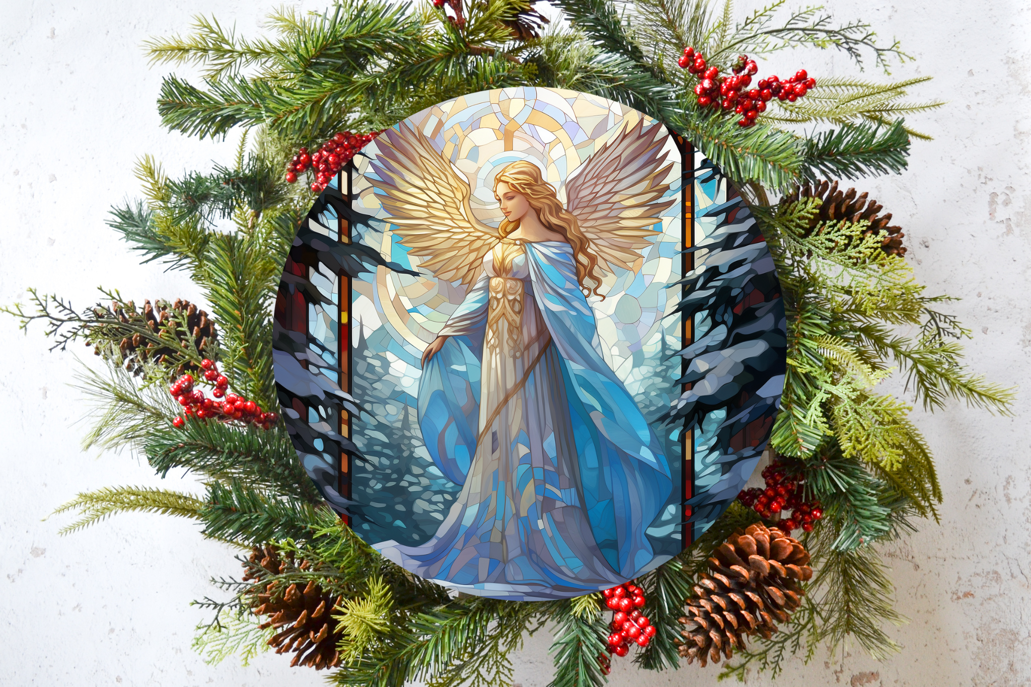Stained Glass Angel Wreath Sign, Round Metal Sign, Door Hanger
