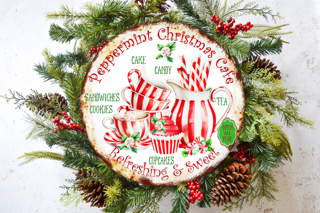 Peppermint Christmas Cafe Wreath Sign