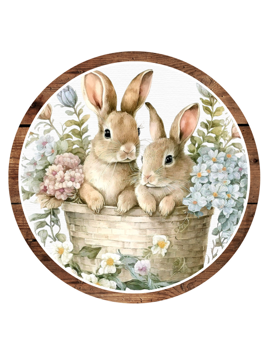 Brown Bunnies in a basket Wreath Sign, Round Metal Sign, Door Hanger