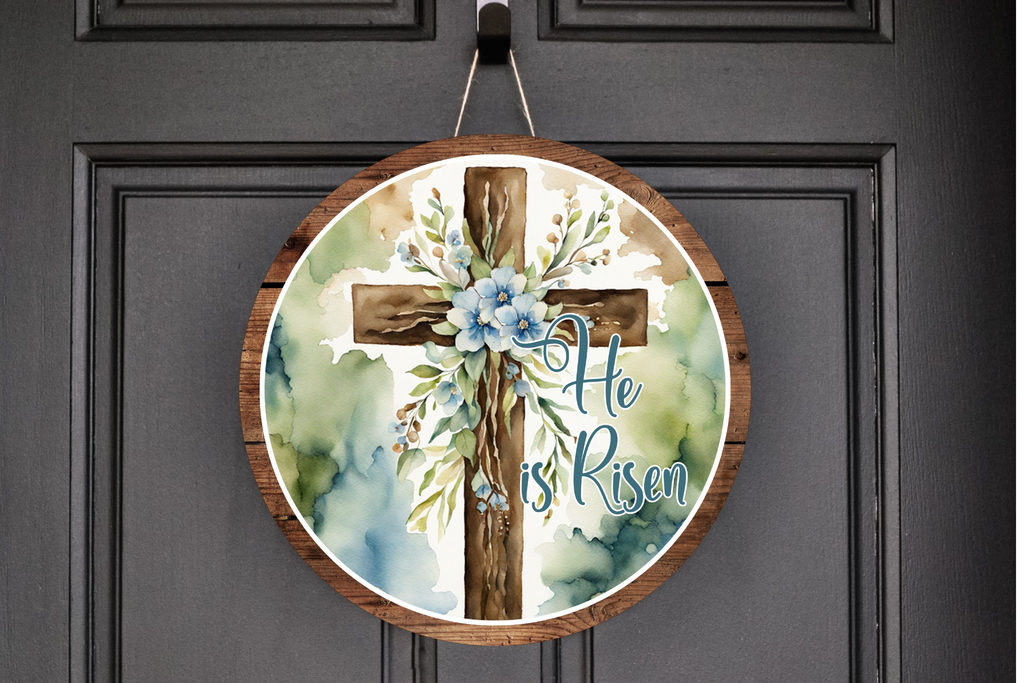 He Is Risen with wooden cross Wreath Sign