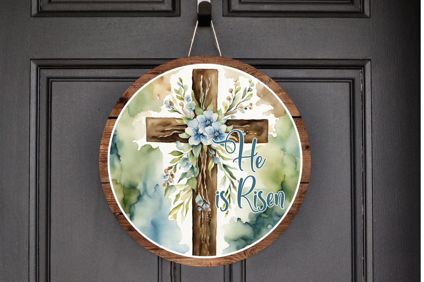 He Is Risen with wooden cross Wreath Sign