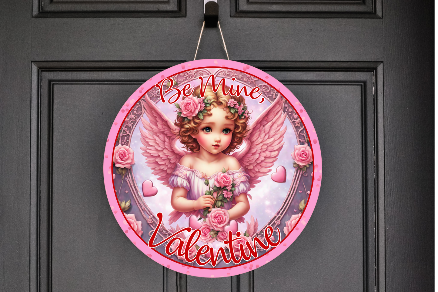 Be Mine Valentine Pink Cherub Angel  Wreath Sign