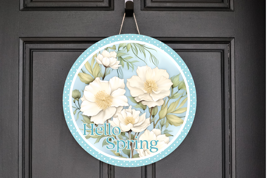 Hello Spring Blue with White Spring Flowers Wreath Sign, Round Metal Sign, Door Hanger
