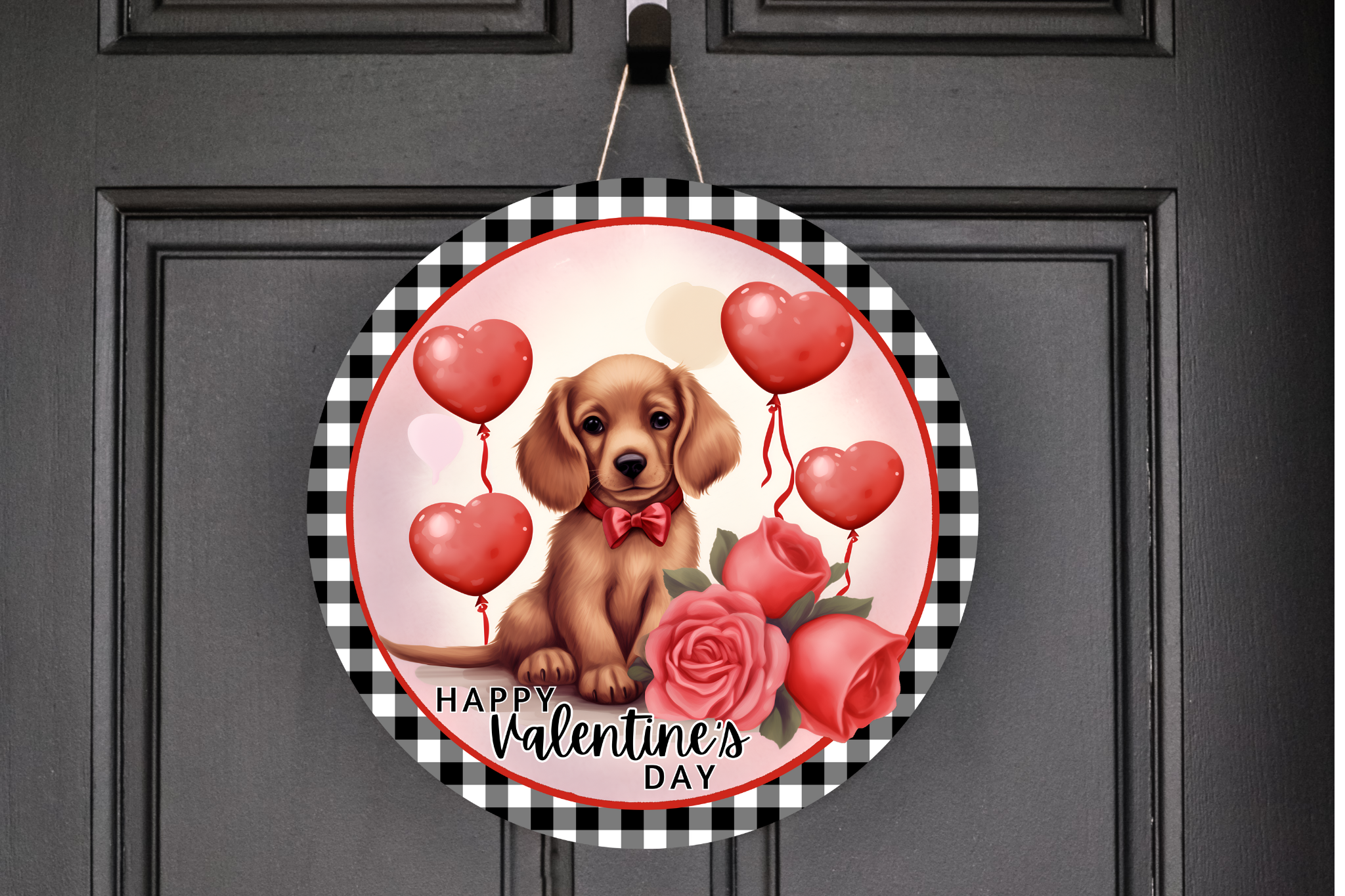 Happy Valentines Day Cute Puppy  Wreath Sign, Round Metal Sign, Door Hanger