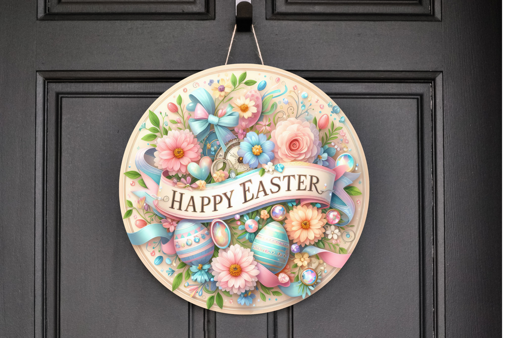 Happy Easter Pastel Flowers and Eggs Wreath Sign,Round metal sign, Door Hanger