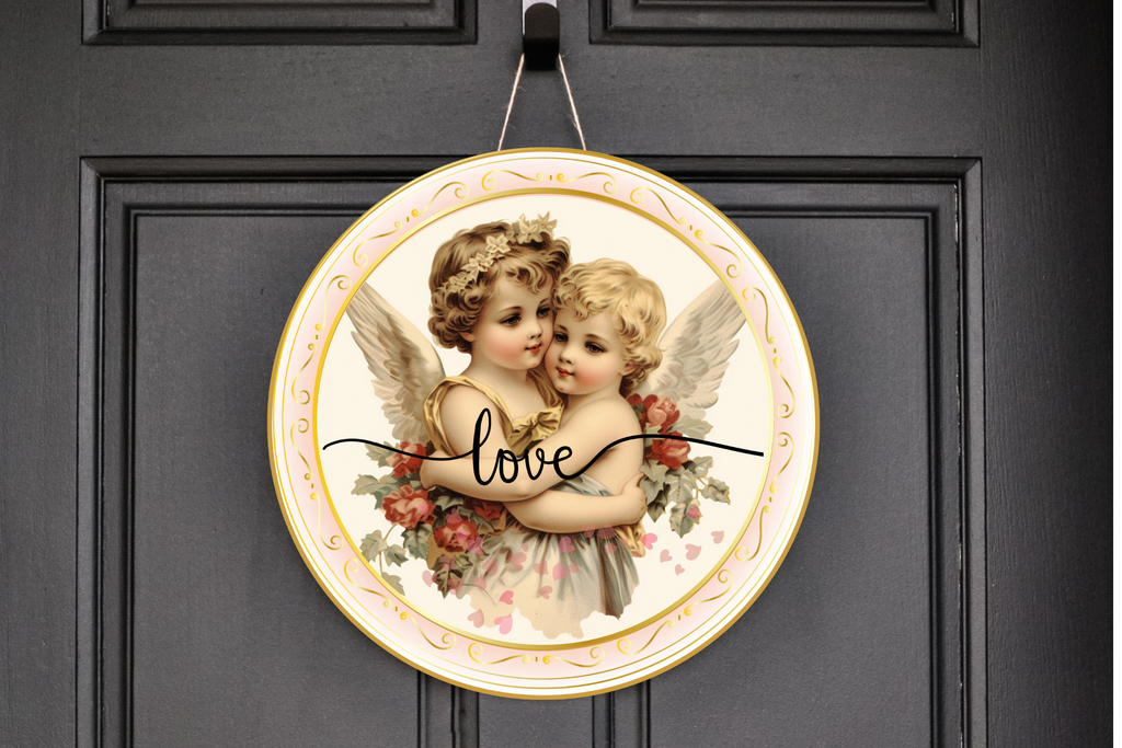 Love Cherub Angels Wreath Sign, Round Metal Sign, Door Hanger