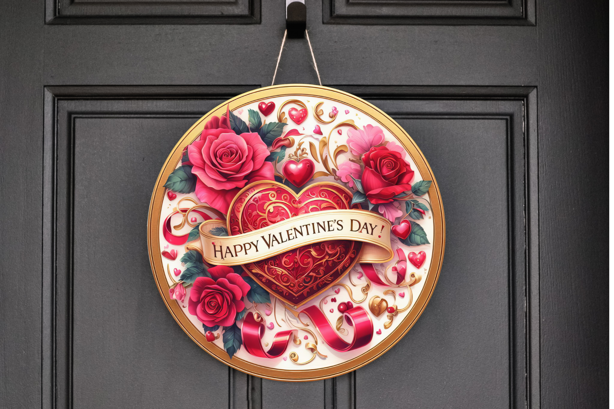 Happy Valentines Day Red and Gold Wreath Sign, Round metal sign, Door Hanger