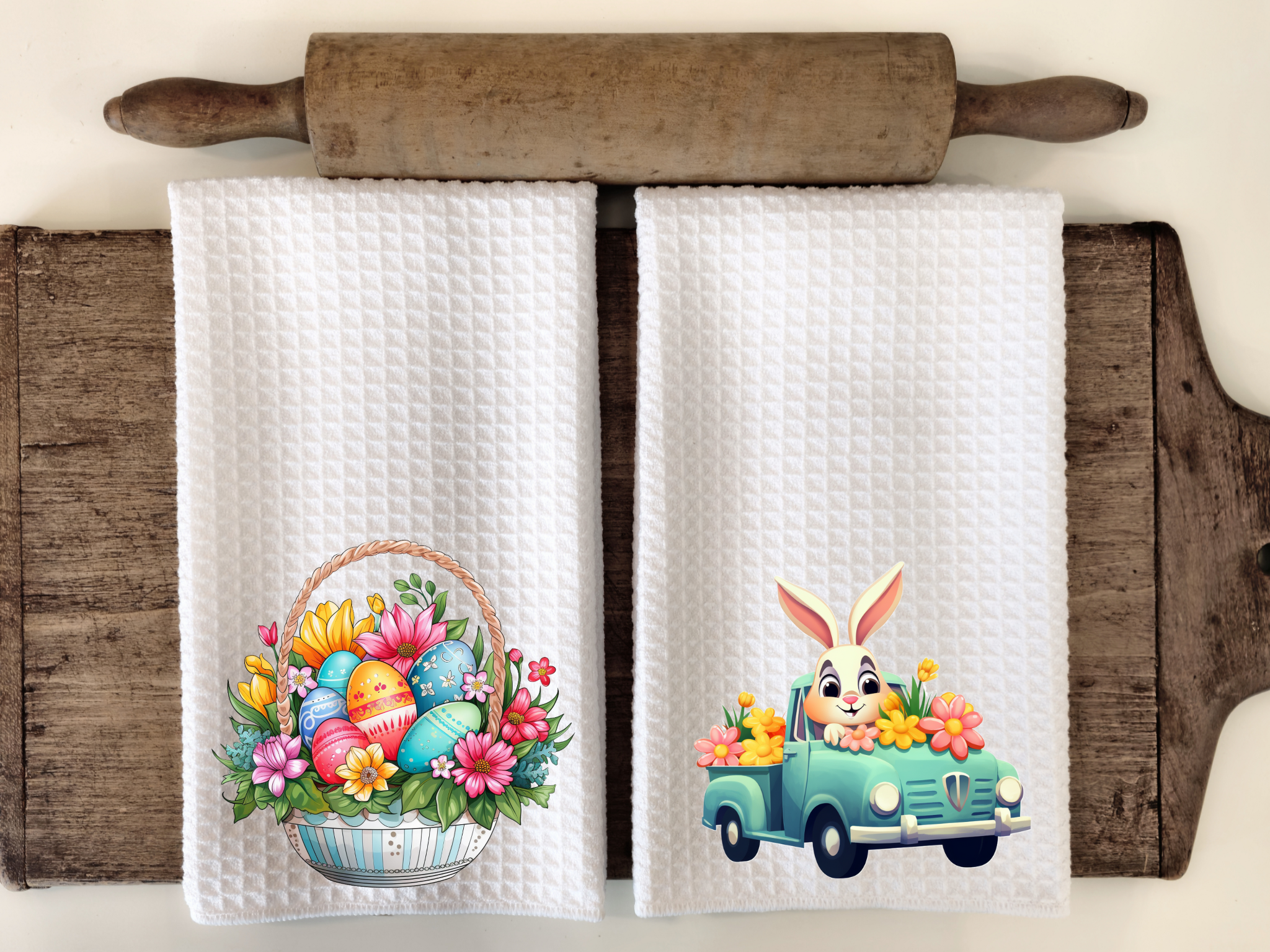 Easter Basket and Easter Bunny  Set of 2 Kitchen Towels