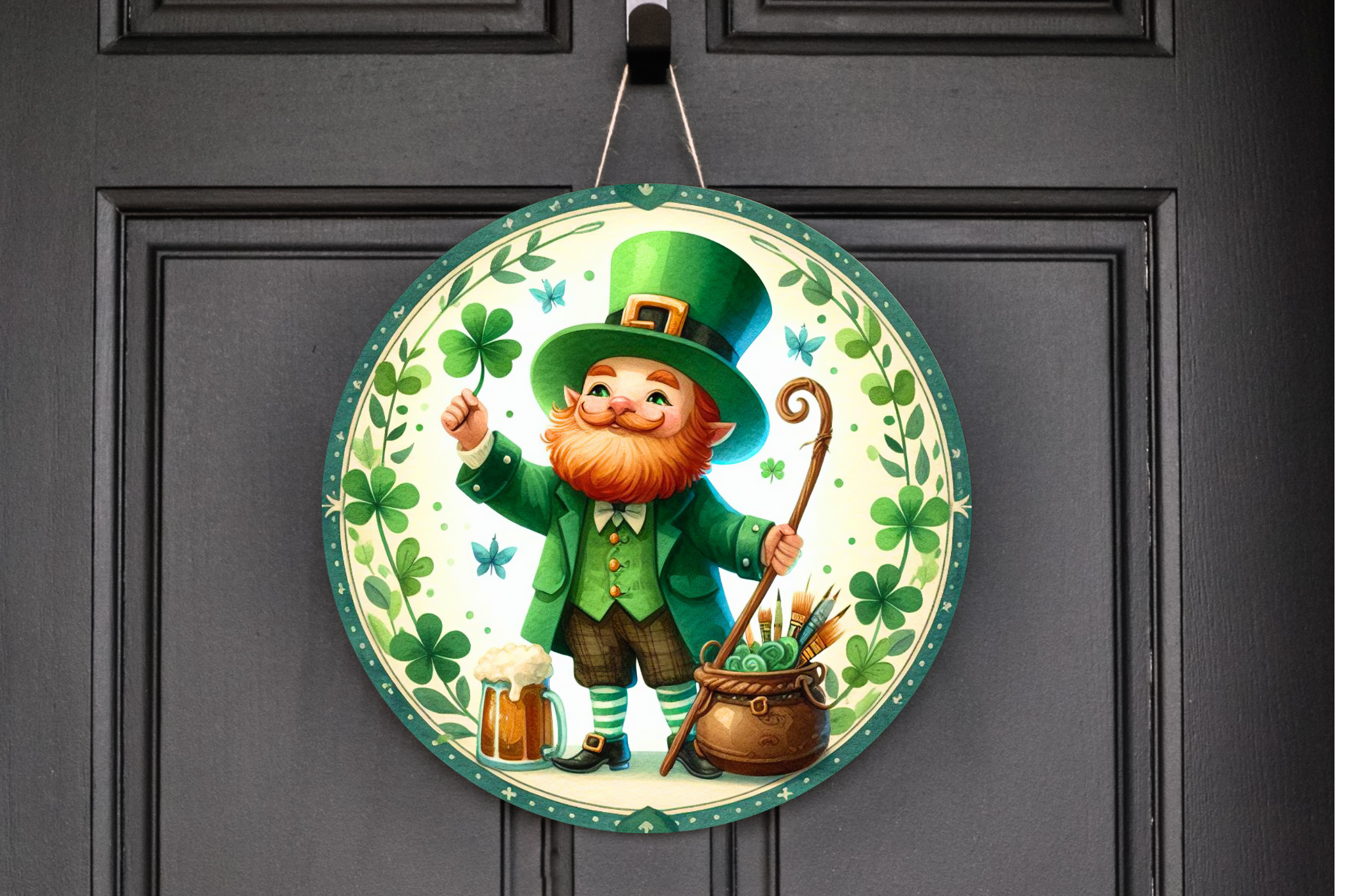 Leprechaun Wreath Sign, Round Metal Sign, Door Hanger, St Patricks Day decor