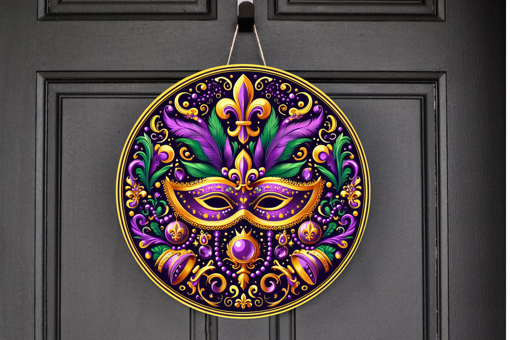 Mardi Gras Mask Wreath Sign, Round Metal Sign, Door Hanger