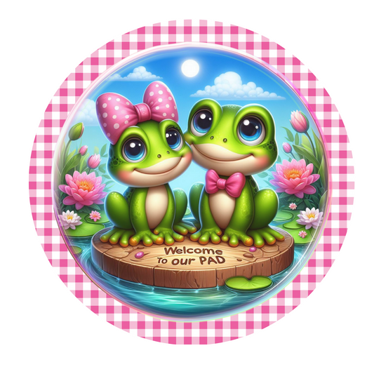 Welcome To Our Pad Frog Couple Wreath Sign, Round Metal Sign, Door Hanger