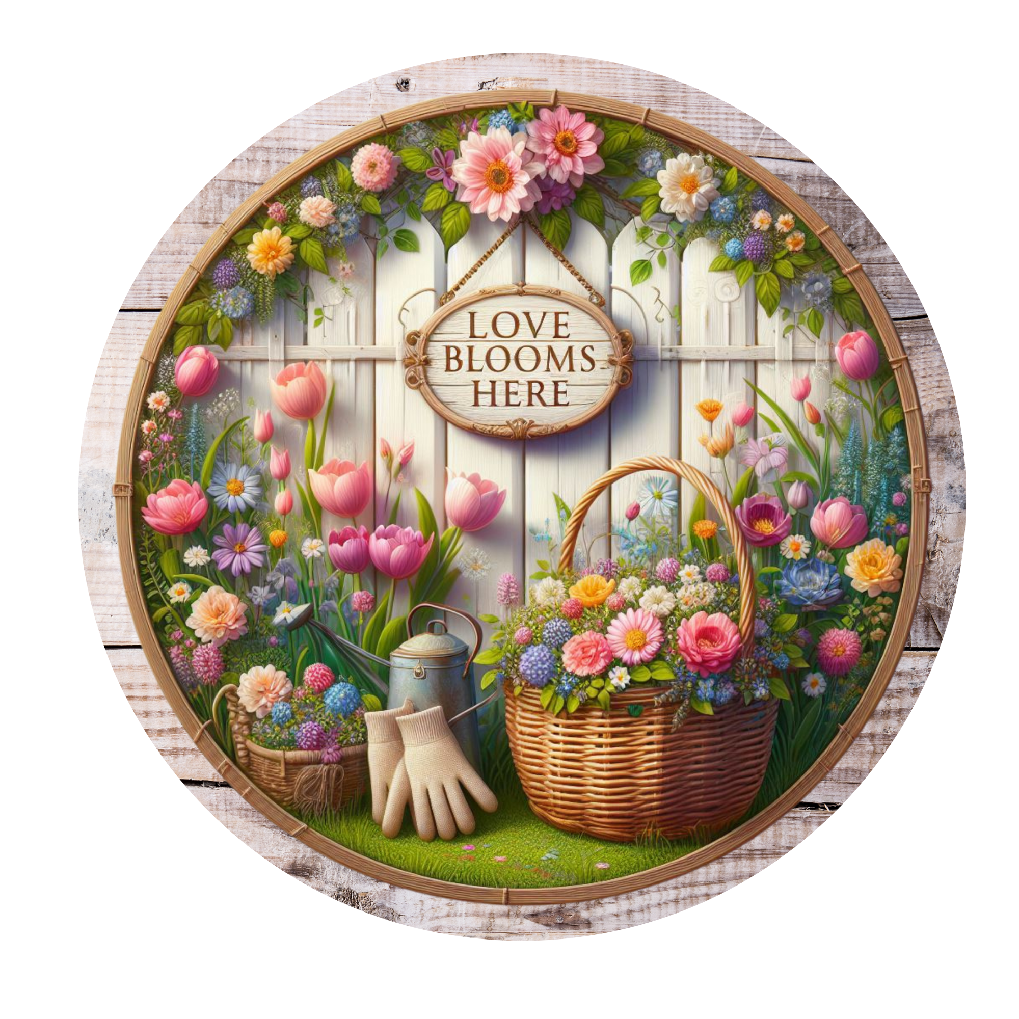 Love Blooms Here Floral Wreath Sign, Round Metal Sign, Door Hanger