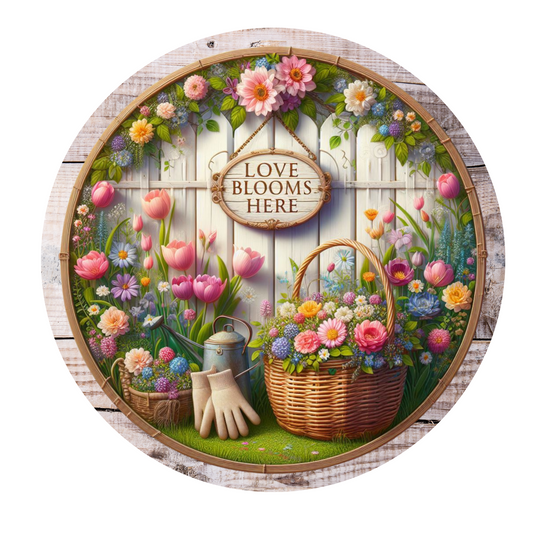 Love Blooms Here Floral Wreath Sign, Round Metal Sign, Door Hanger