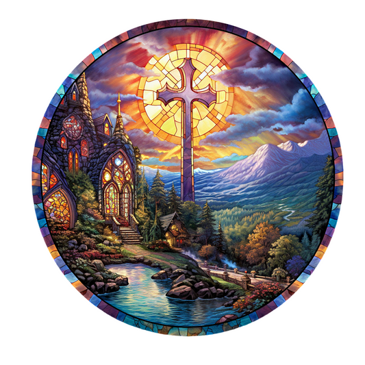 Stained Glass Look Cross & Church Wreath Sign, Round Metal Sign, Door Hanger